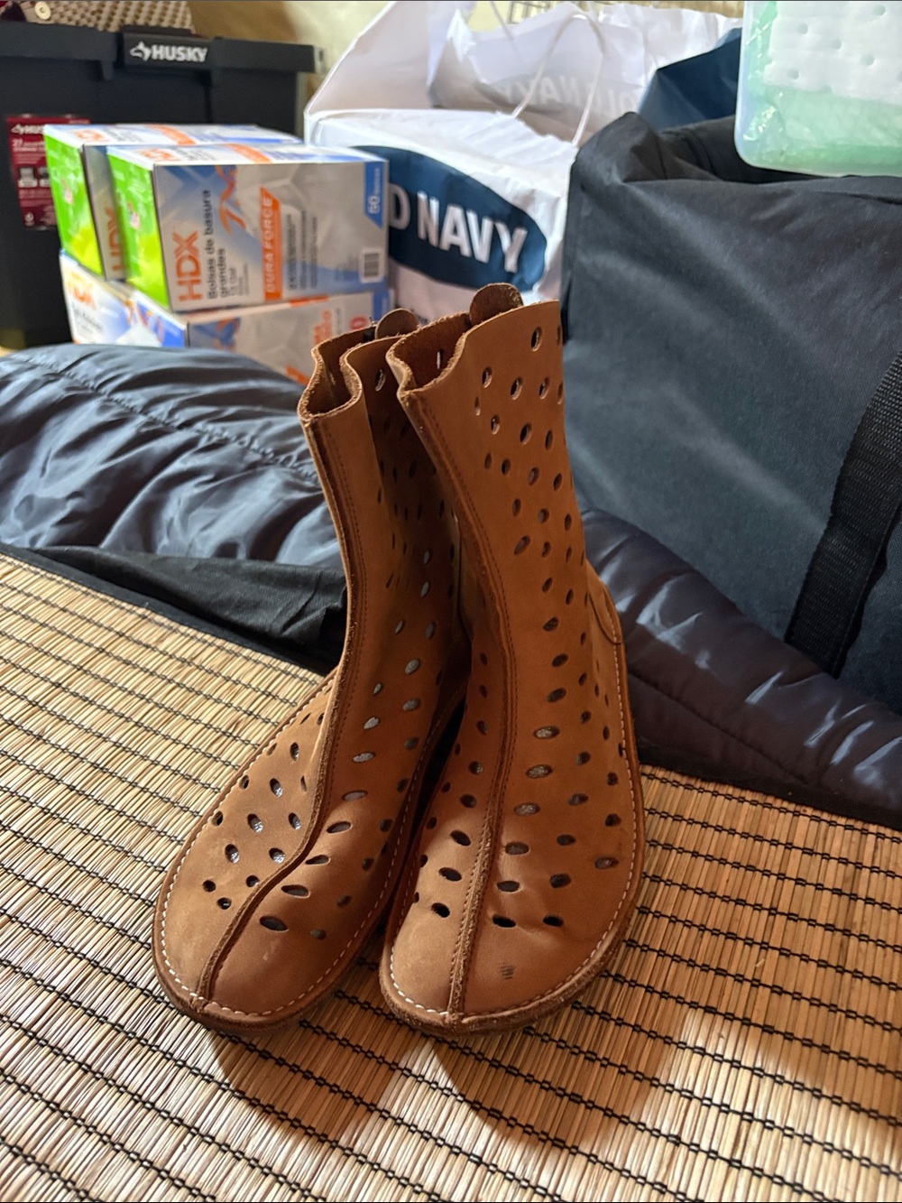 Women’s Perforated Tan Leather Ankle Boots
